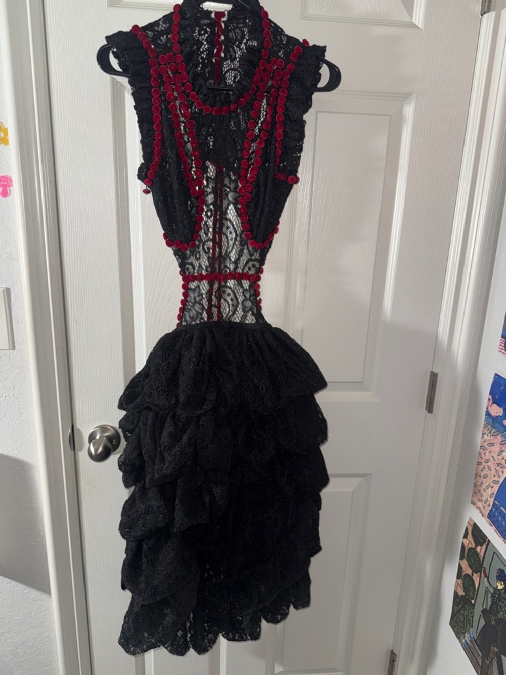 Black Lace Backless Tiered Dress with Red Beaded Trim